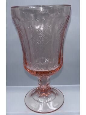 Vtg Pink Depression Glass Goblet Recollction Embossed Floral Pattern 6.5" Tall